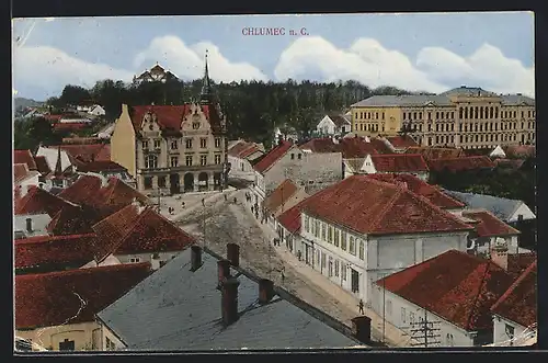 AK Chlumec n. C., Teilansicht mit Strasse von oben