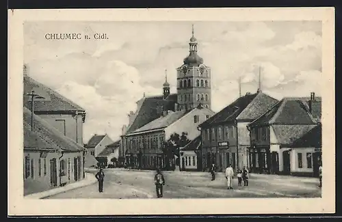 AK Chlumec n. Cidl., Strassenpartie mit Turmgebäude