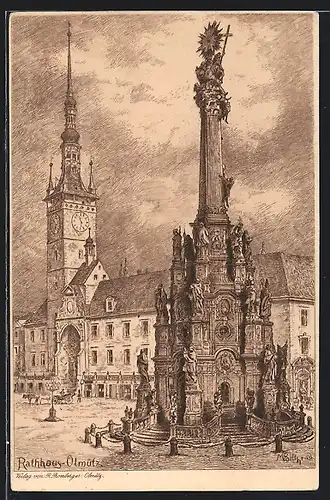 Künstler-AK Olmütz, Denkmal vor dem Rathaus