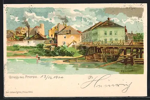 Künstler-AK Prerau, Ortspartie mit Holzbrücke am Flussufer