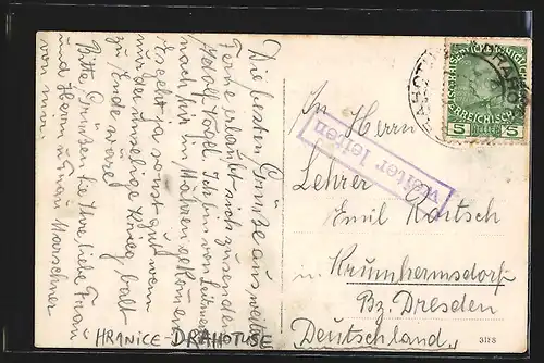 AK Hranice-Drahotuse, Strassenpartie mit grossem Gebäude