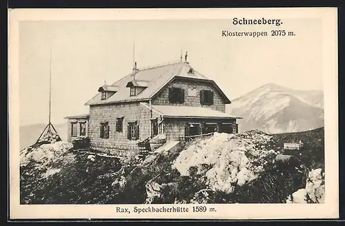 AK Speckbacherhütte, Berghütte an der Rax mit Schneeberg und Klosterwappen