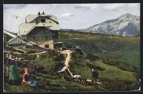 AK Erzherzog Otto-Schutzhaus, Berghütte an der Rax mit Blick gegen den Schneeberg
