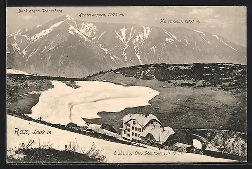 AK Erzherzog Otto Schutzhaus, Berghütte mit Blick gegen Schneeberg, Klosterwappen u. Kaiserstein, Rax