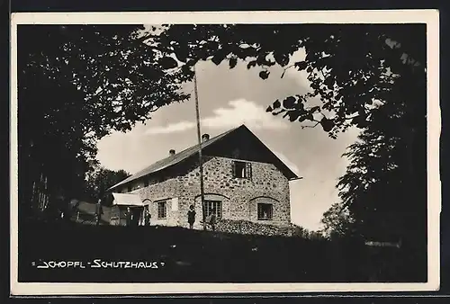 AK Schopfel-Schutzhaus, Ortspartie mit Berghütte