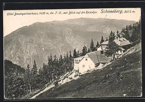 AK Hotel Baumgartnerhaus, Berghütte mit Blick auf die Raxalpe, Schneeberg