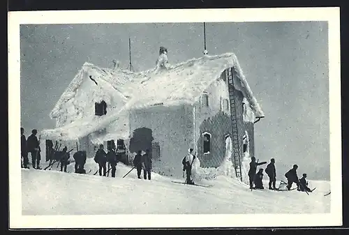 AK Reisalpenhaus, Berghütte mit Skifahrern im Schnee