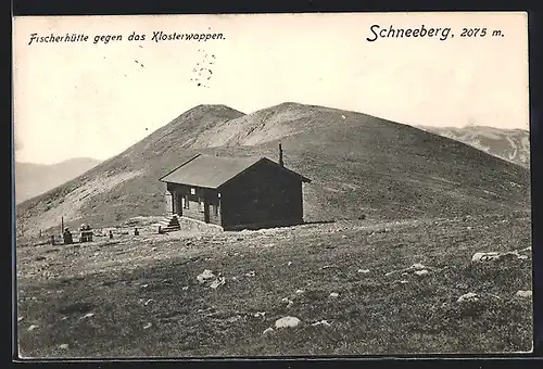 AK Fischerhütte, Berghütte gegen das Klosterwappen, Schneeberg