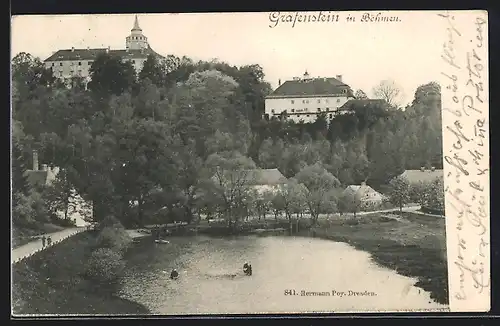 AK Grafenstein in Böhmen, Blick vom Teich zum Schloss