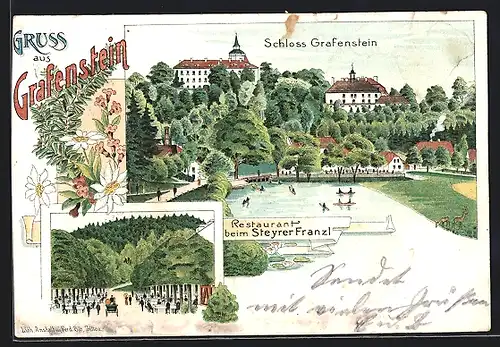 Lithographie Grafenstein, Restaurant beim Steyrer Franzl, Schloss mit Gondelteich