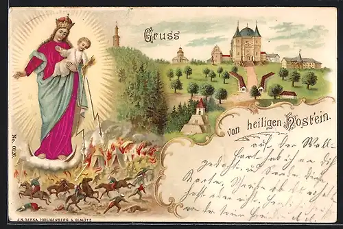 Lithographie Hostein, Blick zur Wallfahrtskirche, Maria mit dem Kinde vertreibt den Feind mit Blitz und Donner