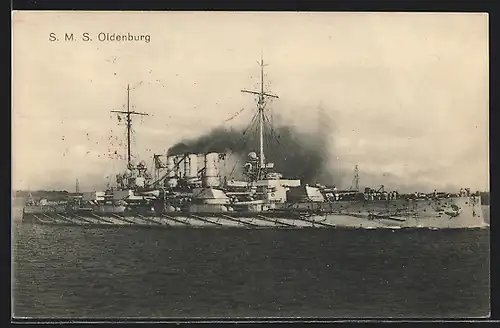 AK S.M.S. Oldenburg auf See vor der Stadt, Kriegsschiff