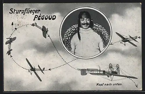 AK Flugakrobat Pégoud im Porträt mit Siegerkranz, Flugzeug beim Kunstflug