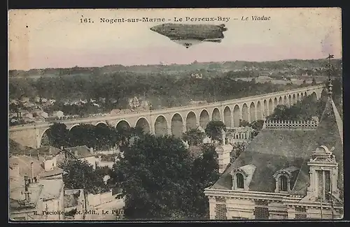 AK Nogent-sur-Marne, Zeppelin über dem Eisenbahnviadukt