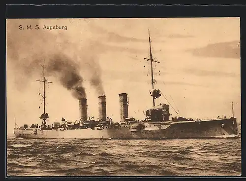 AK Kriegsschiff SMS Augsburg unter Volldampf