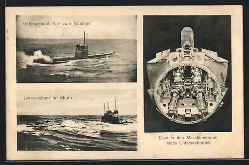 AK Unterseeboot klar zum Tauchen, Unterseeboot im Sturm, Blick in den Maschinenraum eines Unterseebootes