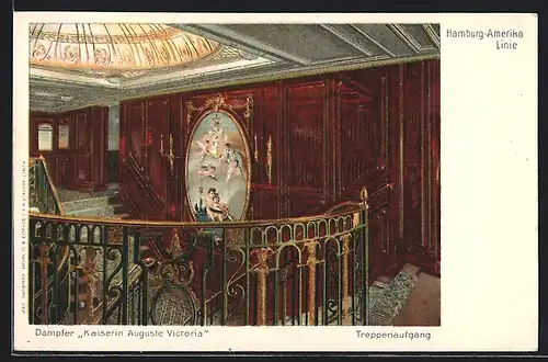 Künstler-AK Passagierschiff Kaiserin Auguste Victoria der Hamburg-Amerika-Linie, Treppenaufgang