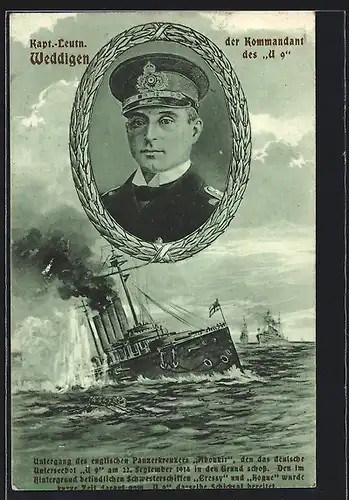Künstler-AK Kapitänleutnant Weddigen, Kommandant des U 9