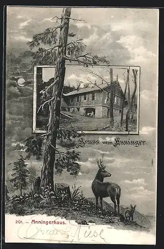 AK Anningerhaus, Berghütte mit Waldmotiv und Rehen bei Vollmond