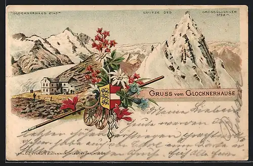 Lithographie Klagenfurt, Gasthaus Grossglocknerhaus mit Spitze und Wappen