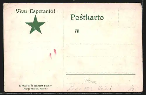 Lithographie Worms, Vivu Esperanto, Ortsansicht