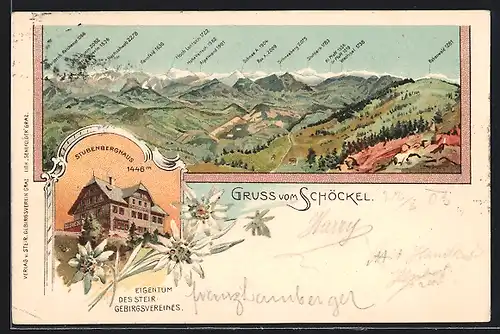 Lithographie St. Radegund bei Graz, Stubenberghaus am Schöckel