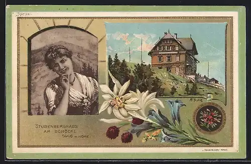 Künstler-AK Stubenberghaus, Berghütte am Schöckl, Portrait einer Dame in Tracht, Edelweiss
