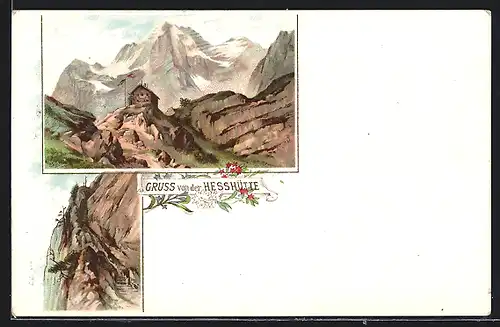 Lithographie Hesshütte, Blick auf die Berghütte gegen die Berge