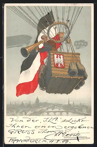 Künstler-AK Frankfurt a. M., Luftschiffahrt-Ausstellung 1909, Ballon mit Fahrer über der Stadt, Fahne