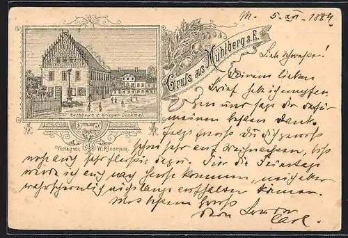 Vorläufer-Lithographie Mühlberg a. E., 1889, Blick auf Rathaus und Kriegerdenkmal
