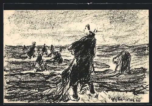 Künstler-AK Ganzsache PP57C2: Potsdam, Ausstellung 1. Potsdamer Kunstsommer 1921, Frauen arbeiten auf dem Feld