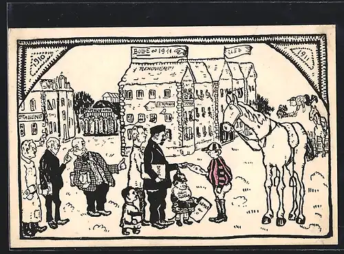 Künstler-AK Karlsruhe, Absolvia Bolle 1911, Mann reicht Junge sein Zeugnis