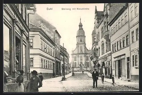 AK Suhl, Strasse Steinweg mit Kreuzkirche