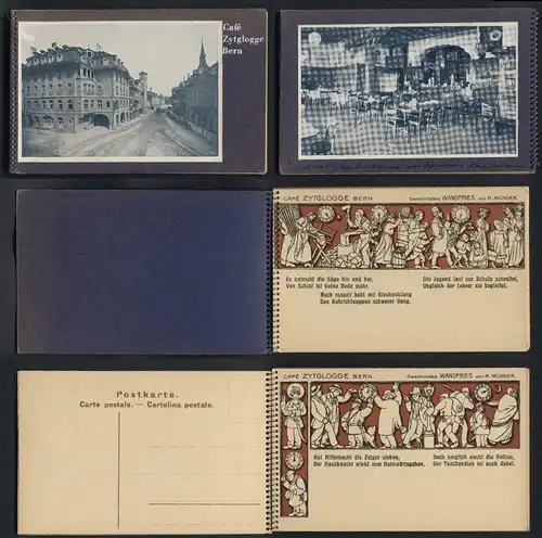 Leporello-AK Bern, Cafe Zytglogge, 11 Ansichten von geschnitzten Wandfriesen, 1x als Klapp-AK, Bindung Ringbuch-Art