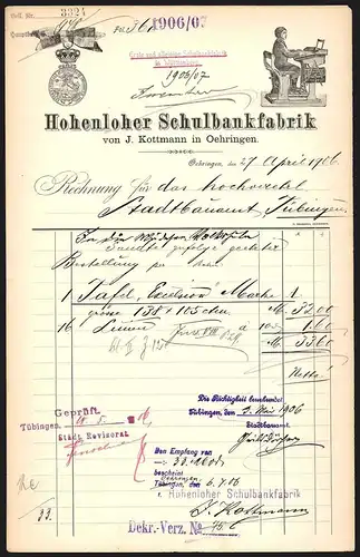 Rechnung Oehringen 1906, Hohenloher Schulbankfabrik, J. Kottmann, Schüler auf einer Schulbank, Auszeichnung