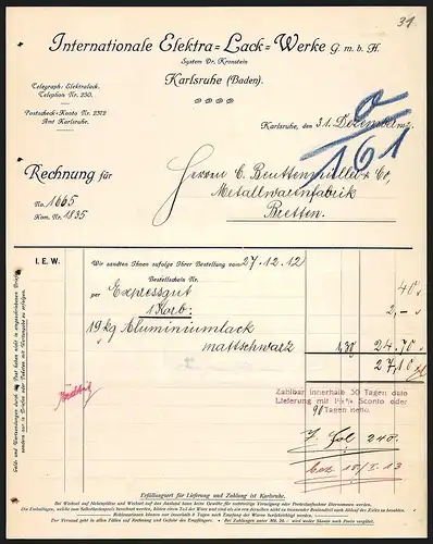 Rechnung Karlsruhe 1912, Internationale Elektra-Lack-Werke GmbH