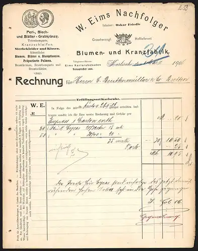 Rechnung Karlsruhe 1906, W. Eims Nachfolger, Blumen- und Kranzfabrik