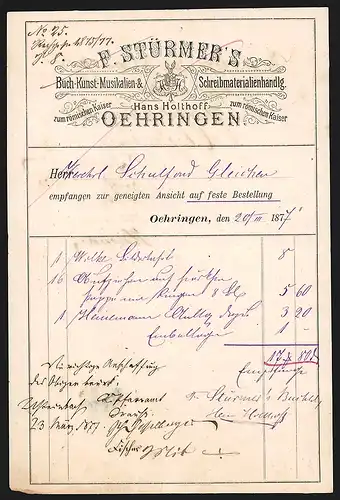 Rechnung Oehringen 1877, F. Stürmer`s Buch-, Kunst-, Musikalien- & Schreibmaterialhandlung
