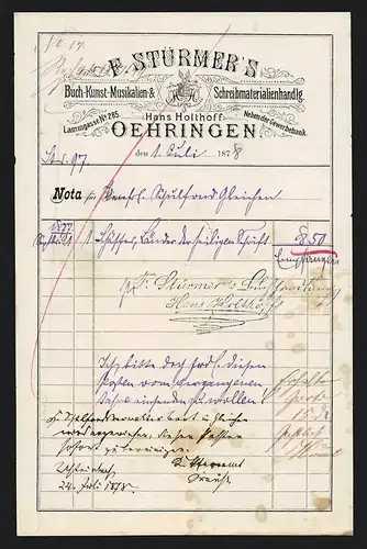 Rechnung Oehringen 1878, F. Stürmer`s Buch-, Kunst-, Musikalien- & Schreibmaterialhandlung