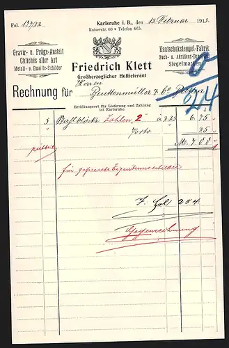 Rechnung Karlsruhe i. B. 1913, Friedrich Klett, Gravir- u. Präge-Anstalt, Kautschukstempel-Fabrik, Wappen