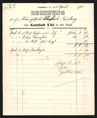 Rechnung Lauffen 1870, Firma Gottlob Uhl