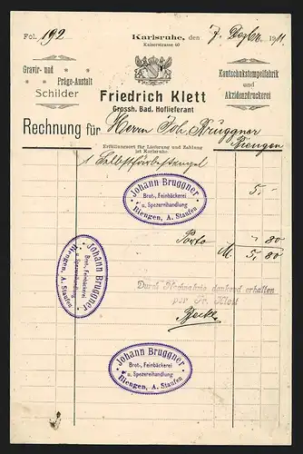 Rechnung Karlsruhe 1911, Friedrich Klett, Gravir- u. Präge-Anstalt, Kautschukstempel-Fabrik, Wappen