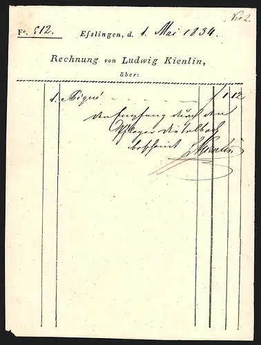 Rechnung Esslingen 1834, Firma Ludwig Kienlin