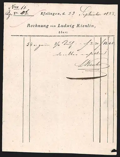 Rechnung Esslingen 1833, Firma Ludwig Kienlin