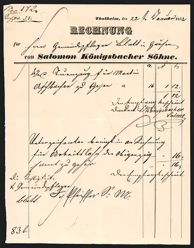 Rechnung Thalheim 1852, Firma Salomon Königsbacher Söhne
