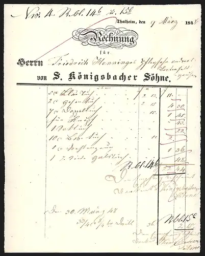 Rechnung Thalheim 1848, Firma S. Königsbacher Söhne