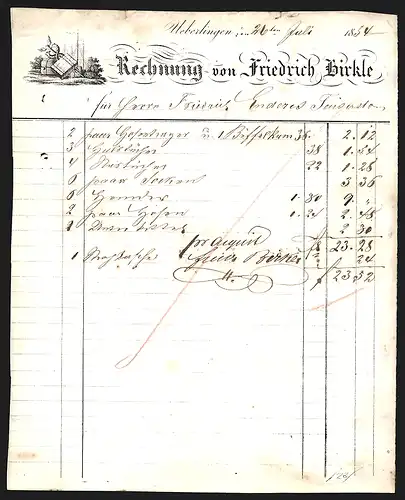 Rechnung Ueberlingen 1854, Firma Friedrich Birkle, Darstellung von Handelswaren