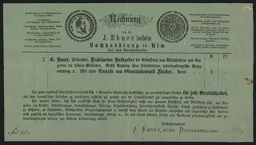Rechnung Ulm 1876, J. Ebner`sche Buchhandlung, Auszeichnung