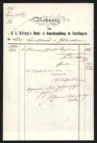 Rechnung Tuttlingen 1860, E. L. Kling`s Buch- & Kunsthandlung