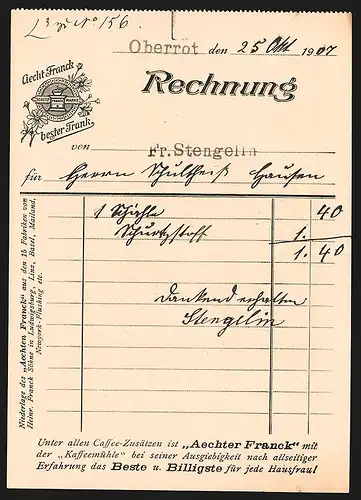Rechnung Oberrot 1907, Aechter Franck, Heinrich Franck Söhne, Fabrik für Caffe-Zusätze, 15 Fabrikansichten, 45 Medaillen
